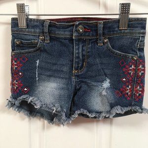 Jordache Raw Hem Denim shorts, Embroidered Distressed - size 6